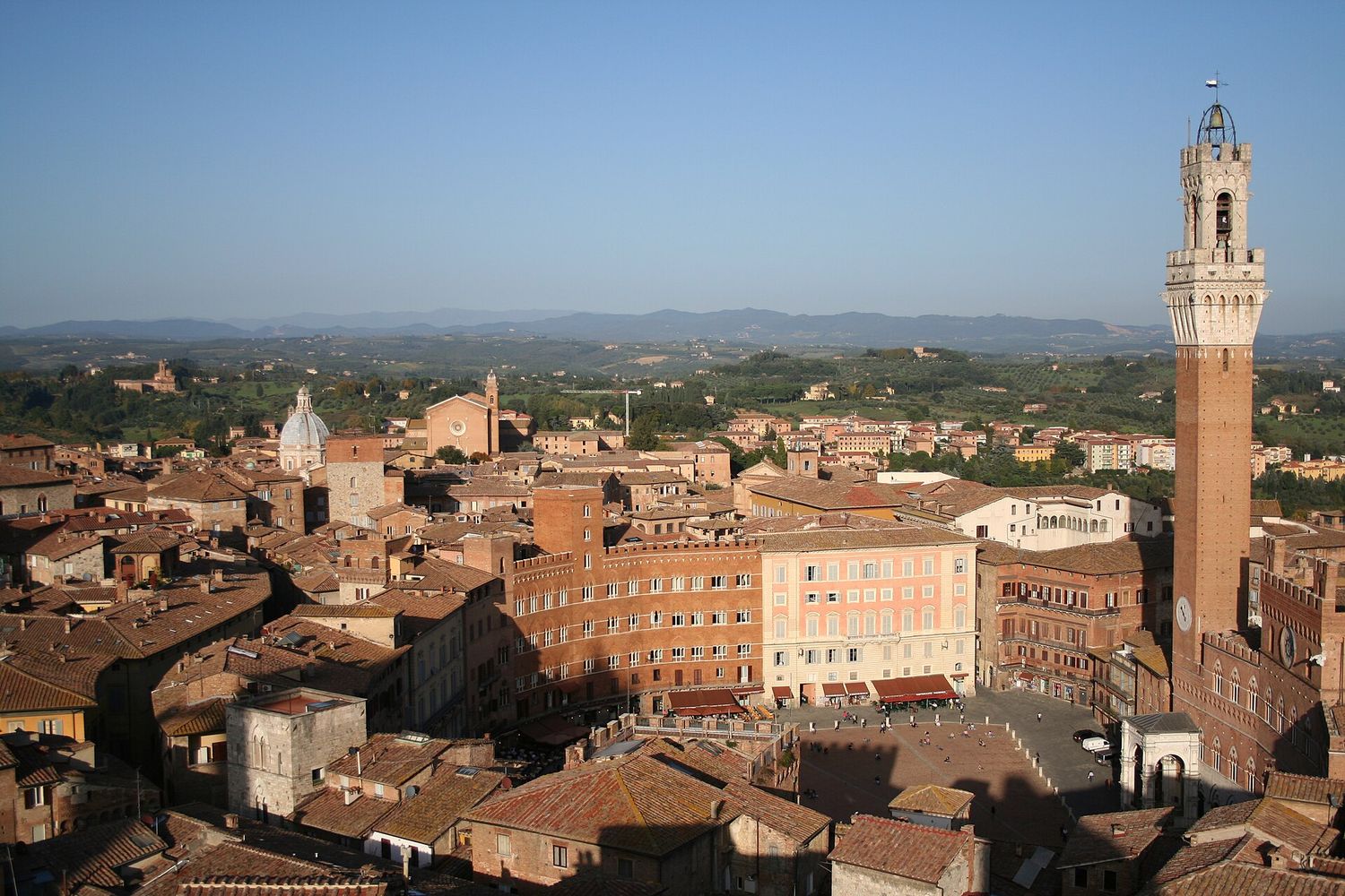 I tetti di Siena visti dall'alto, con la Torre del Mangia che svetta sul Palazzo Pubblico